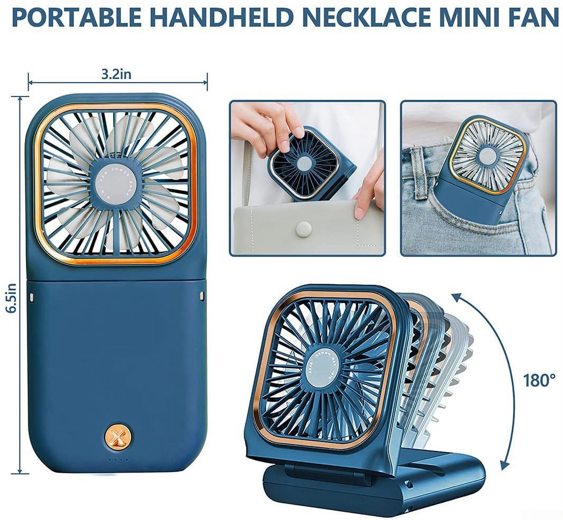 Portable Mini Handheld Fan Necklace Fan 3 Speeds Hanging Neck Cooling Fan Wireless Portable Charger Small Fan Personal Fan USB Rechargeable